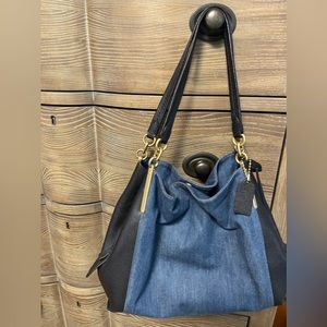 Coach denim and black leather handbag with double leather handles (11” drop)